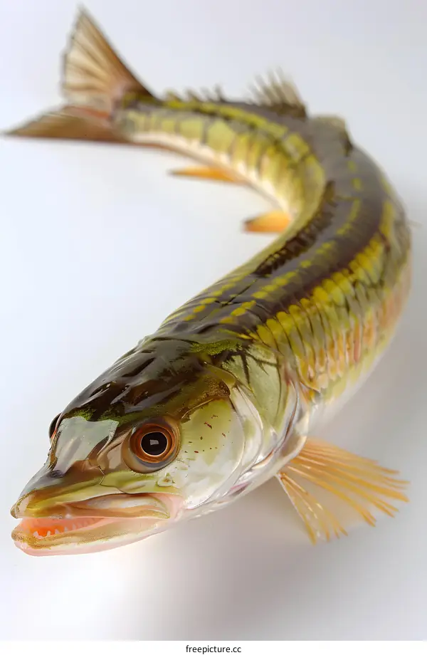 A close-up of a fish on a white background