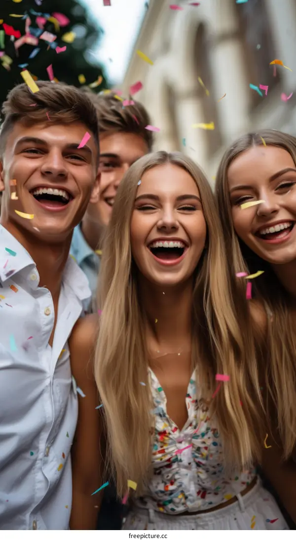 Four joyful young people celebrating with confetti
