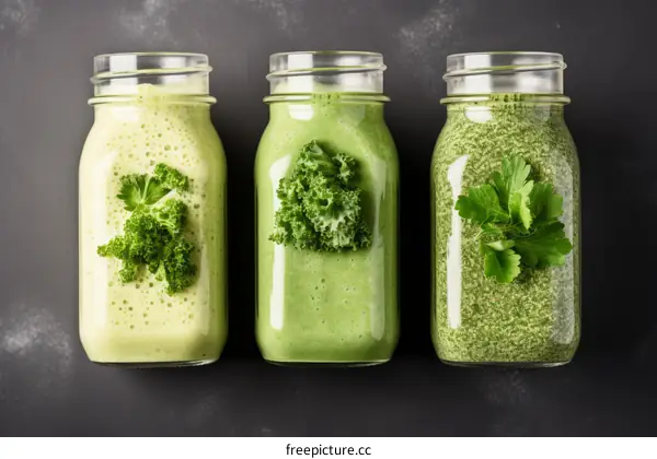 Three healthy green smoothies in glass jars with kale leaves