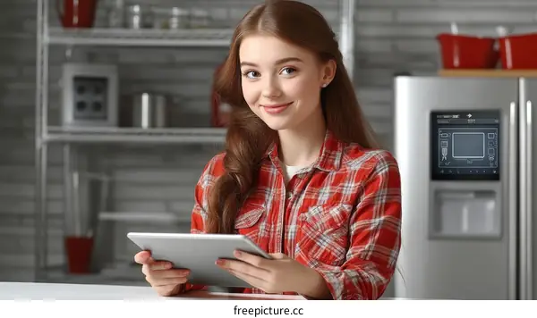 Woman Using Tablet in Modern Kitchen