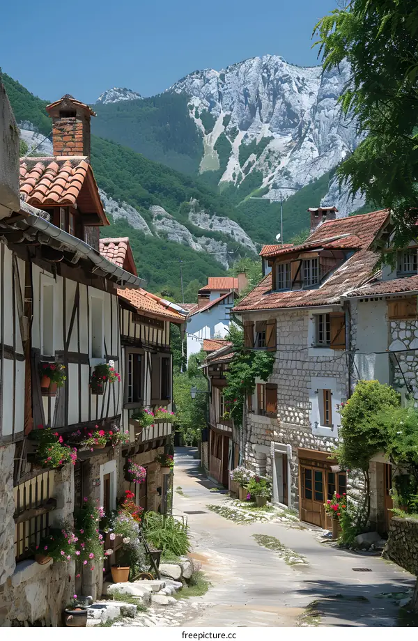 Cobblestone Street Village in the French Alps with Mountains in the Background