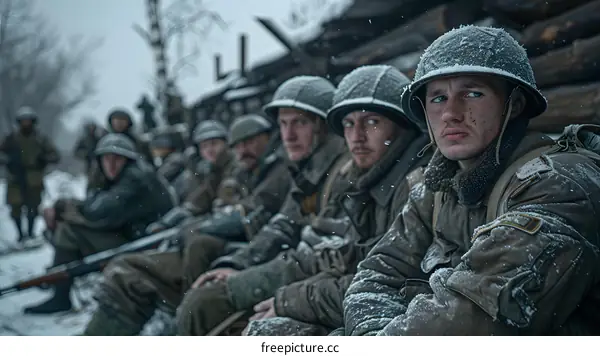 A group of soldiers in winter gear are huddled together in a snowy forest.