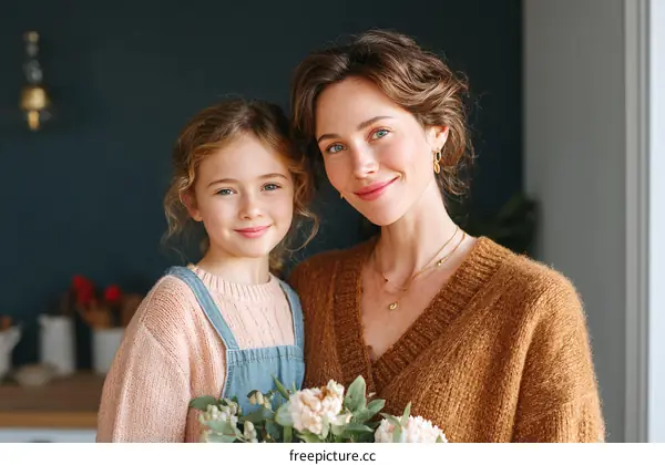 Happy Mother and Daughter Standing Together in Bright Room