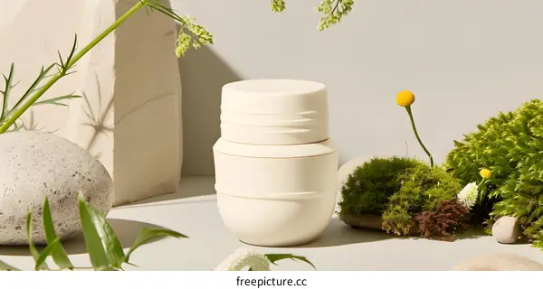 White Ceramic Container with Green Plants and Stones on a White Background