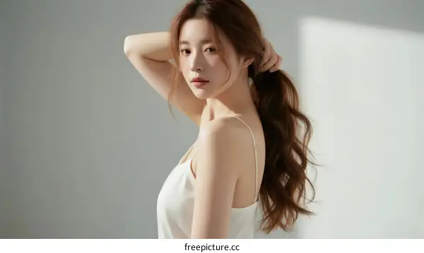 A Young Woman with Long Wavy Hair Posing in White