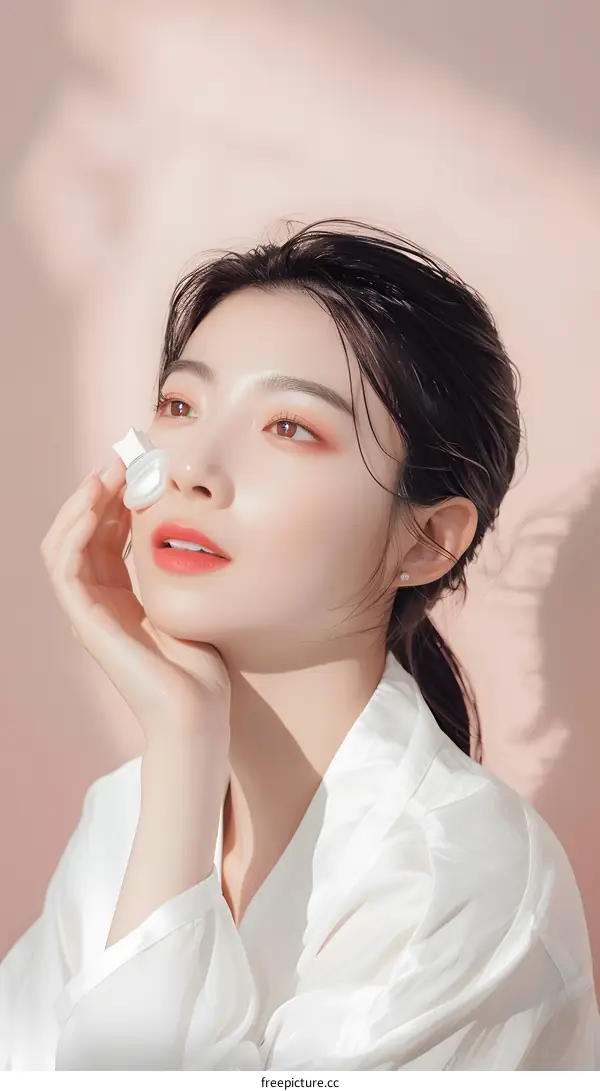 Beautiful Asian Woman Applying Skincare Product on Face