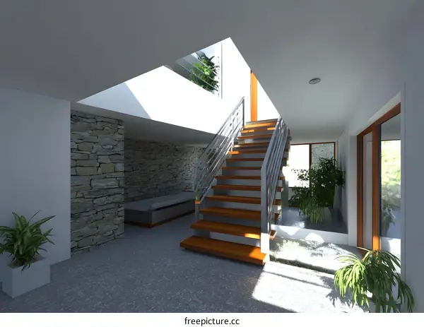 Modern Interior Design with Stone Wall and Wooden Stairs