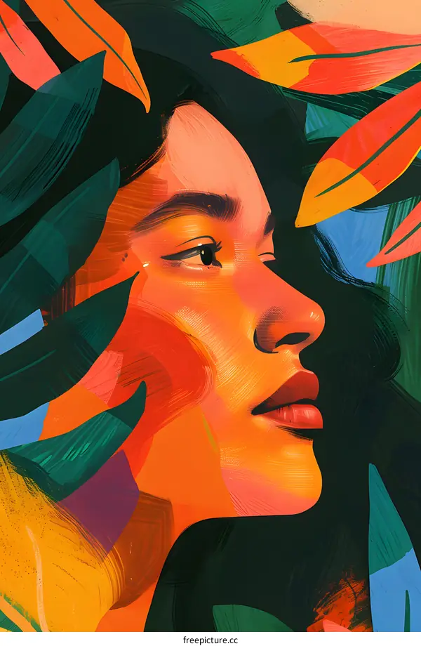 Woman with Lush Tropical Foliage