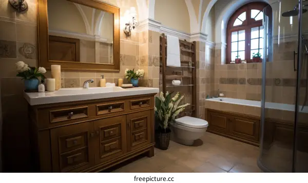 Mediterranean bathroom with natural stone and wooden vanity