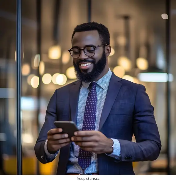 African American Businessman Using Phone Inside Office
