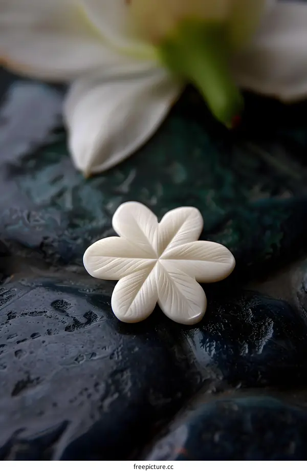 A white carved flower on a dark background