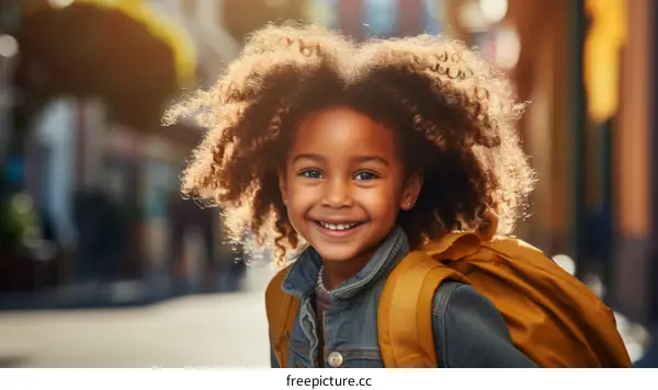 Portrait of a happy smiling school girl with curly hair wearing a backpack