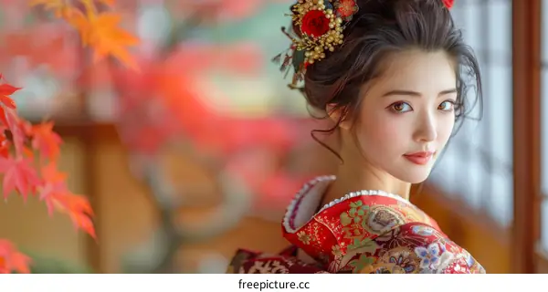 Portrait of a beautiful Japanese woman in traditional kimono