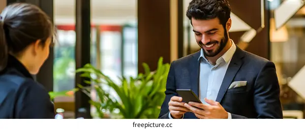 Smiling Man In A Suit Uses His Phone In A Modern Office Building