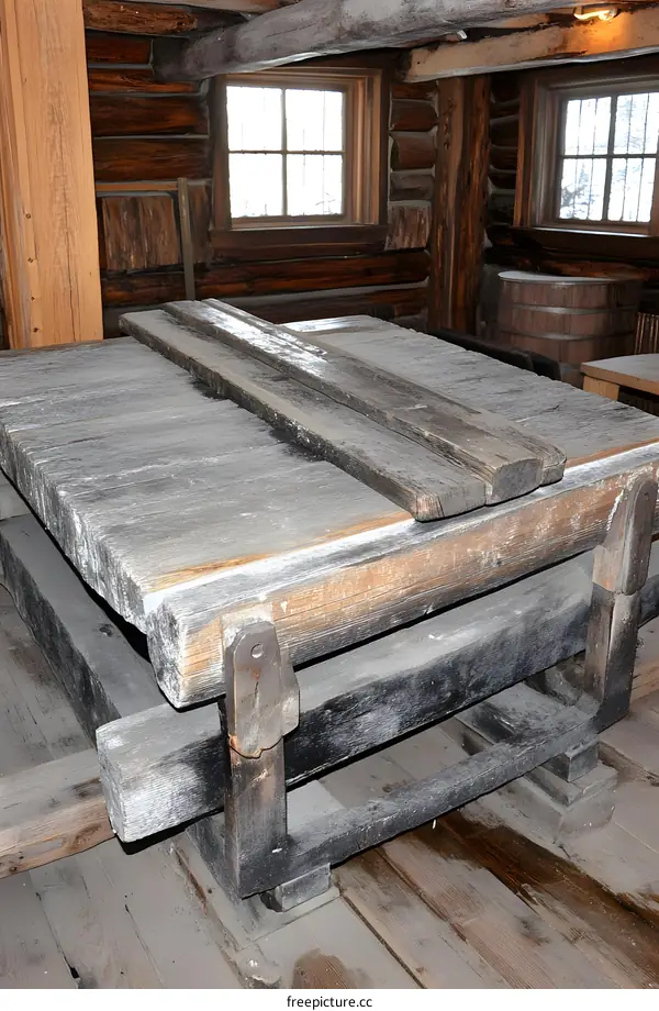 Old Wooden Table in Rustic Log Cabin