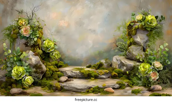 Green Mossy Rocks with Flowers and Stone Steps Background
