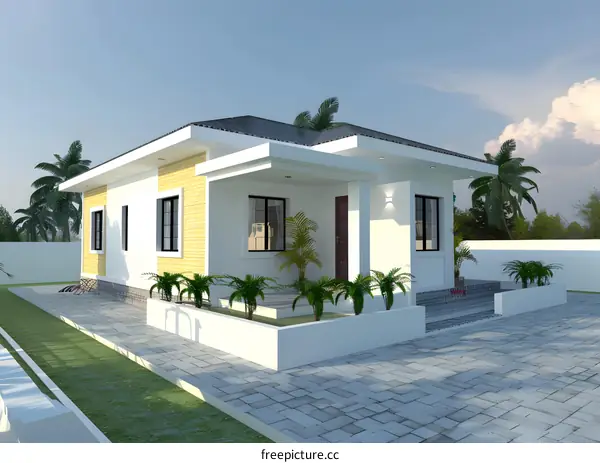 Modern Single Story House Design with Palm Trees