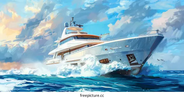 Blue and white luxury yacht cruising on the ocean