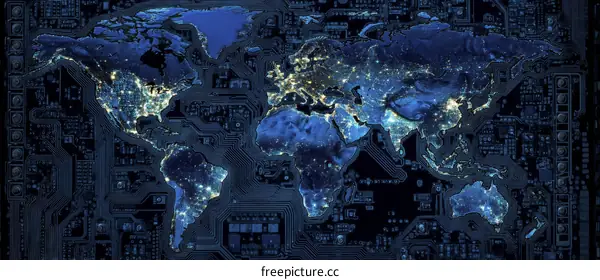 Global Network World Map on Circuit Board