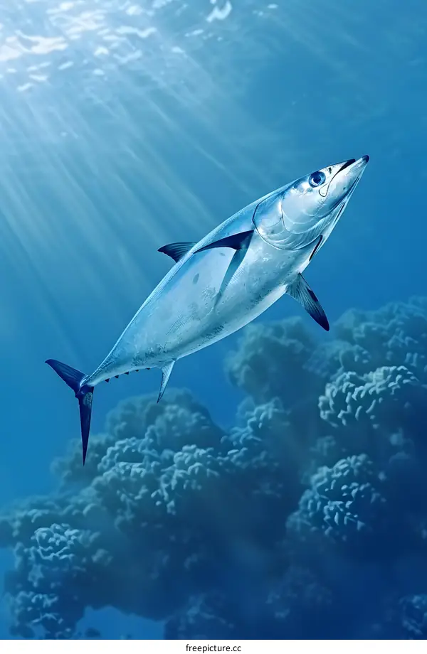 A large bluefin tuna fish swims in the ocean