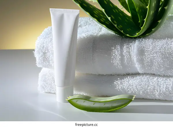 Aloe Vera Cream Bottle on White Towels