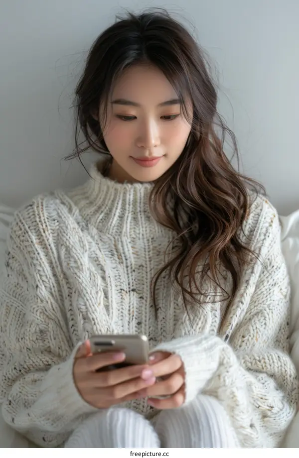 Asian woman in white sweater using smartphone