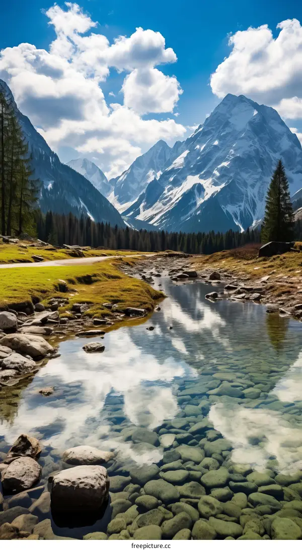 A river flowing through a valley in the Alps