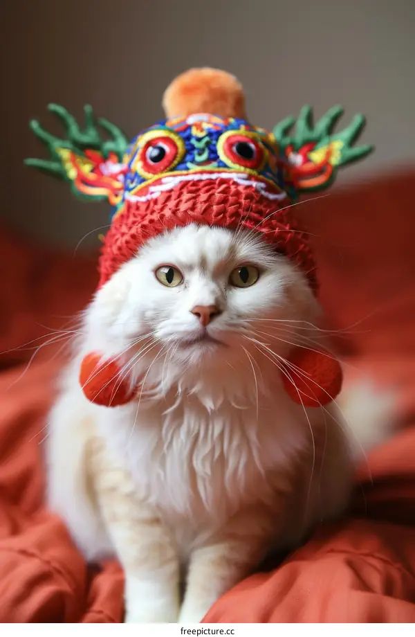 A white cat wearing a colorful hat with a dragon design