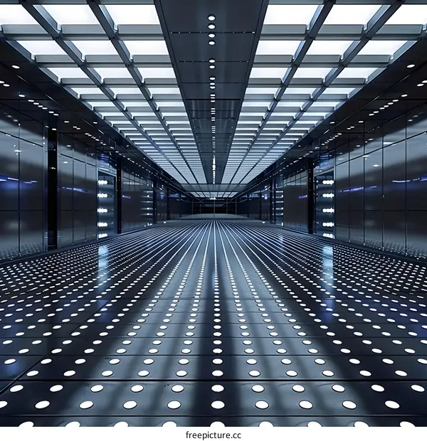Futuristic Metallic Corridor with Ceiling Lights and Reflective Floor