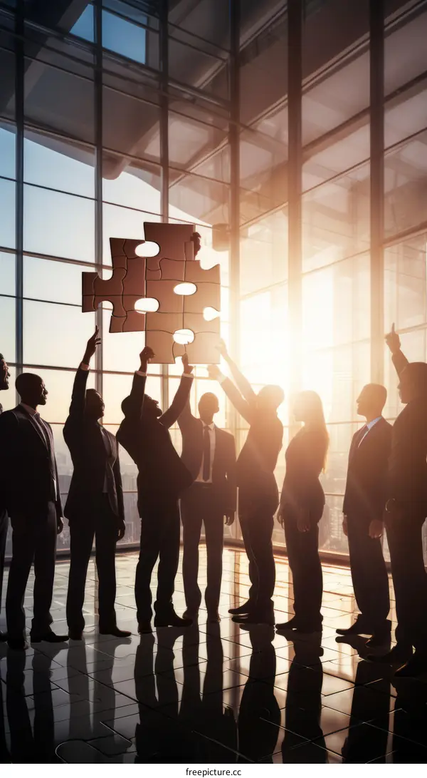 Diverse business team holding puzzle pieces to complete the puzzle