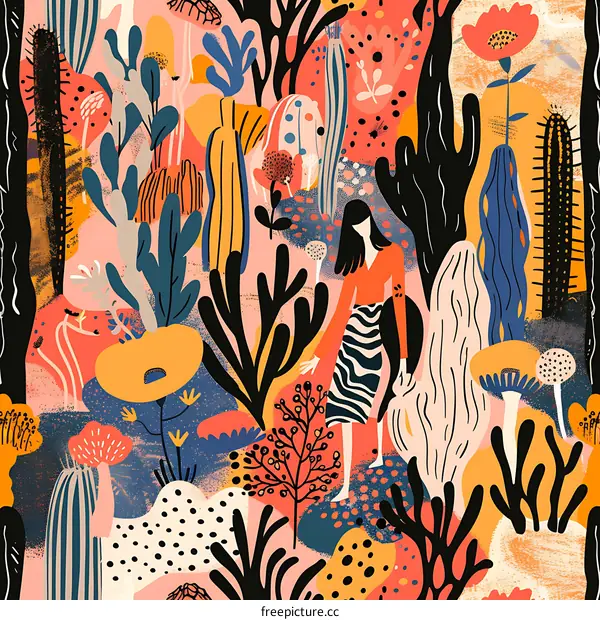 Woman in Abstract Floral Patterned Garden