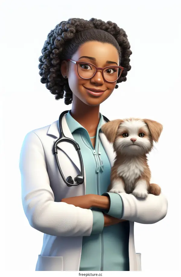 A smiling veterinarian with a puppy