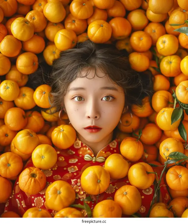 A young woman in a red cheongsam dress is sitting in a pile of oranges.