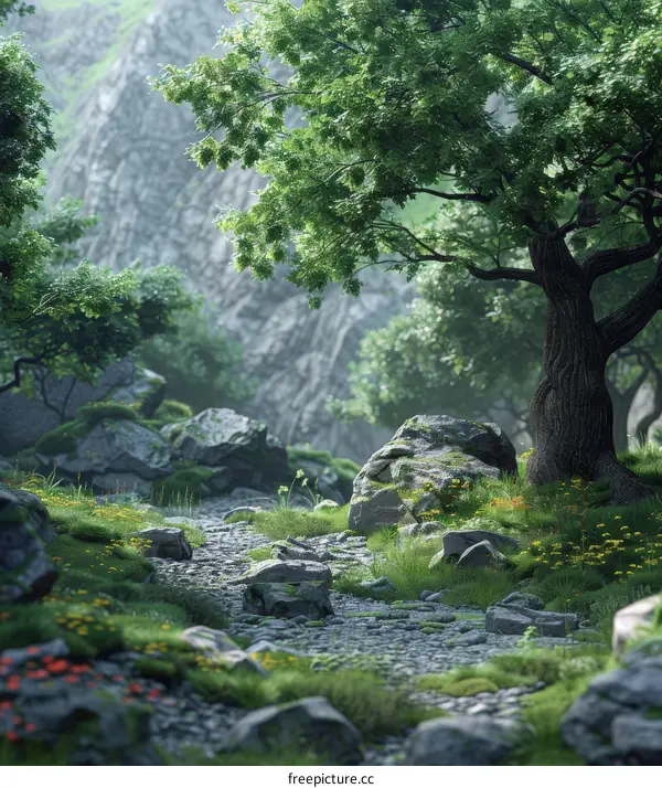 Fantasy Forest Trail with Imposing Tree and Boulders