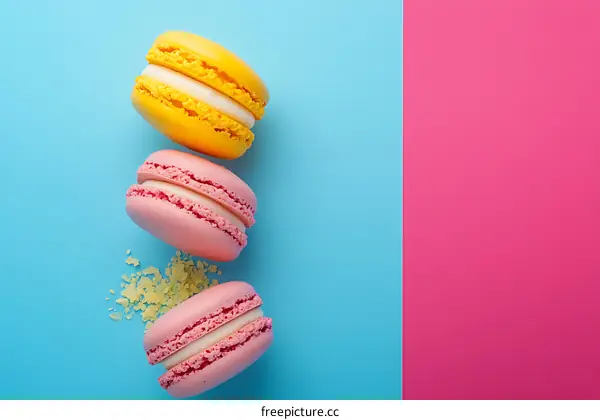 Macarons on Blue and Pink Background