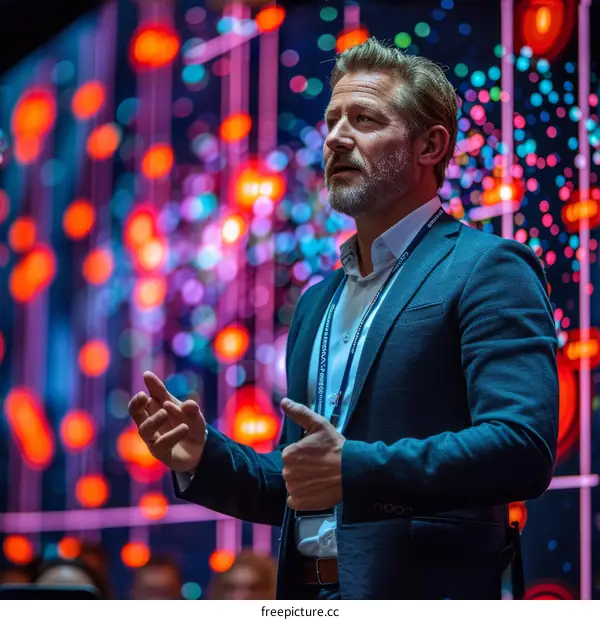 Confident businessman giving a presentation on a large screen in a conference room