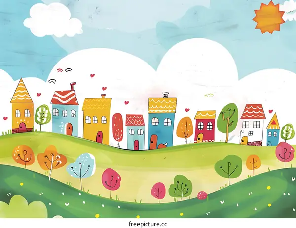 Cute Cartoon Illustration of Colorful Houses on a Green Hill with a Blue Sky and Sun