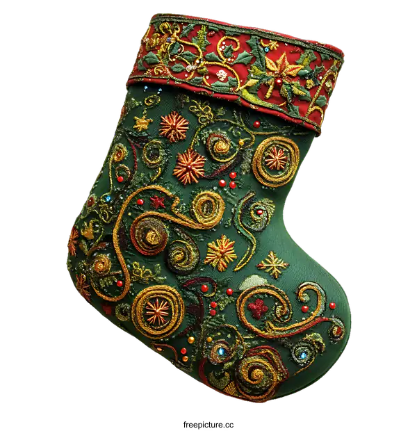 [Transparent Background PNG]Ornate Christmas Stocking with Embroidered Designs
