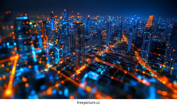 Futuristic Night City Skyline with Digital Lines