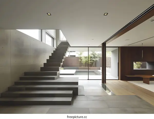 Modern Minimalist Home Interior Design With Concrete Stairs and Pool View