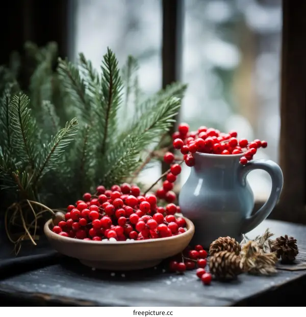 Red berries in a bowl and jug by the window