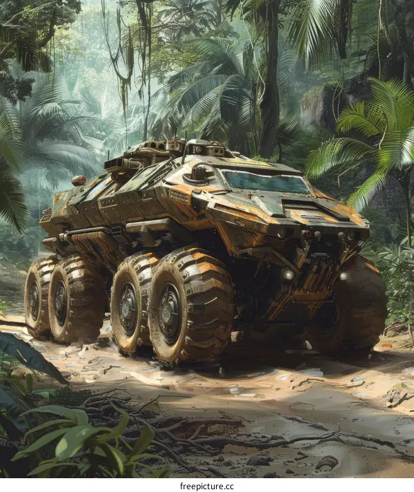 The futuristic armored vehicle rides through the jungle