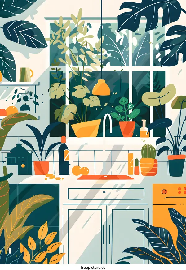 Kitchen Interior Design with Window and Plants