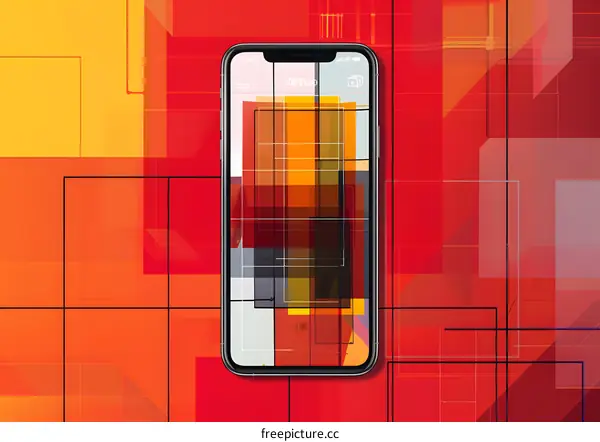 Abstract Geometric Shapes On Smartphone Screen With Red Background