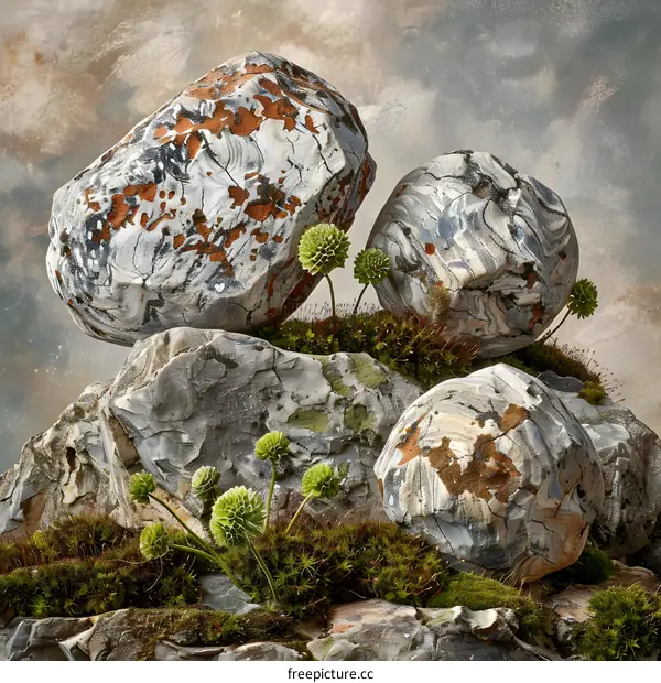 Rock Formation with Green Plants and Mossy Texture