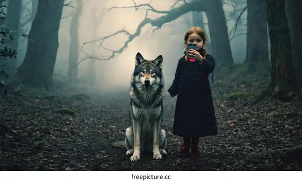 A Little Girl and a Large Wolf in a Foggy Forest