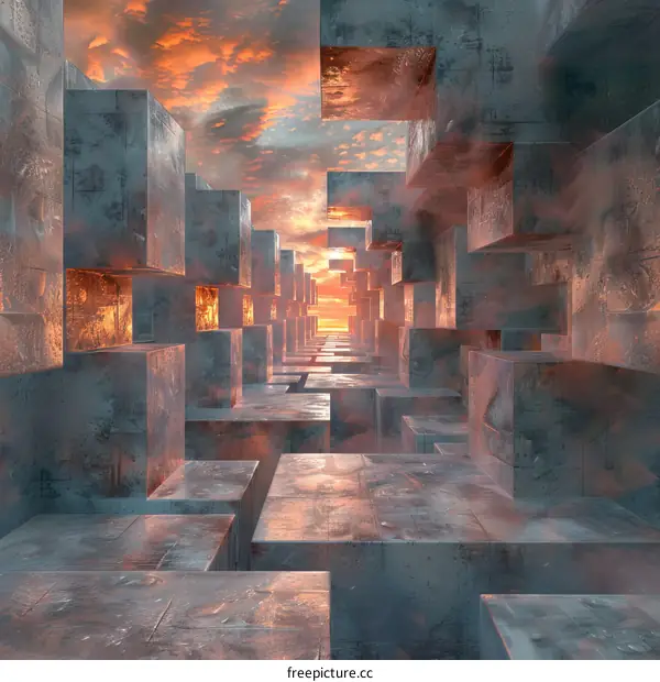 Surreal Cityscape with Floating Cubes and Sunset