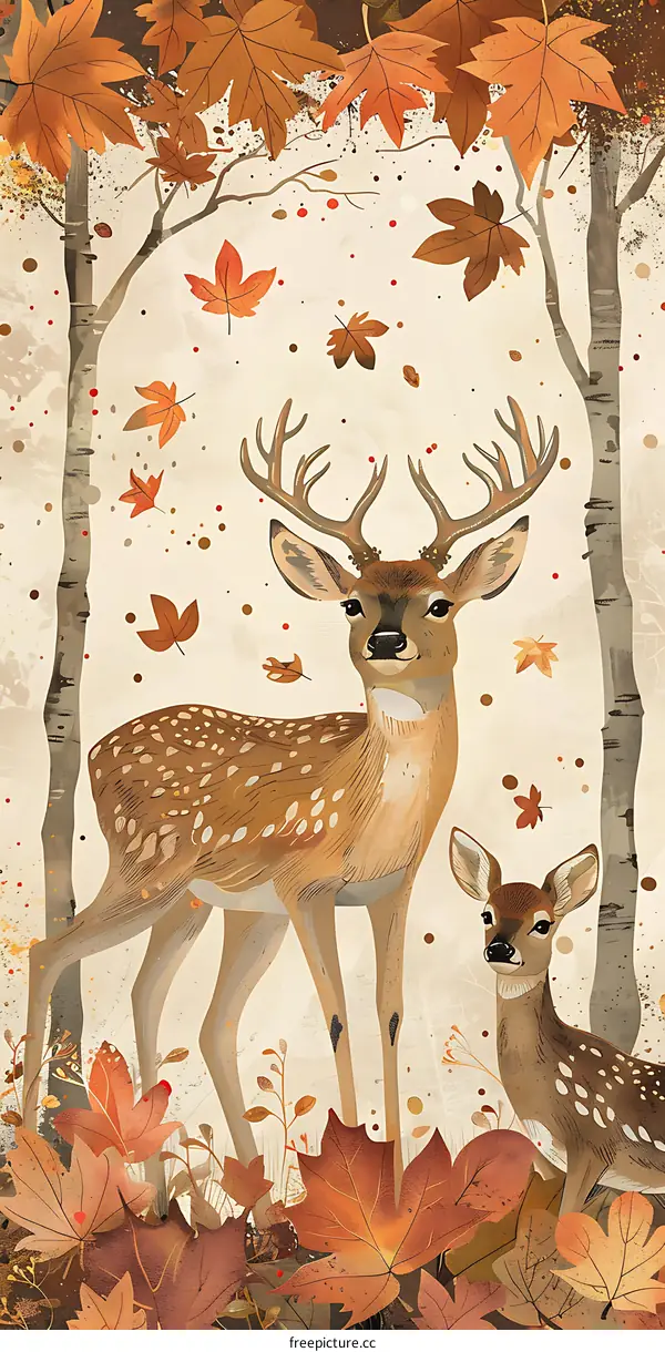 Two Deer in Autumn Forest Illustration