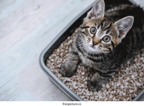 A cute tabby kitten sitting in a litter box looking up
