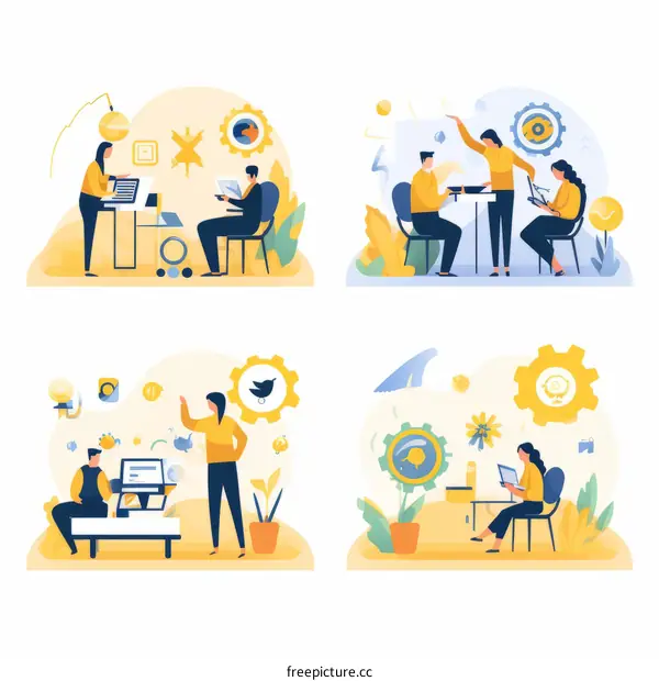 A collection of illustrations of people using computers